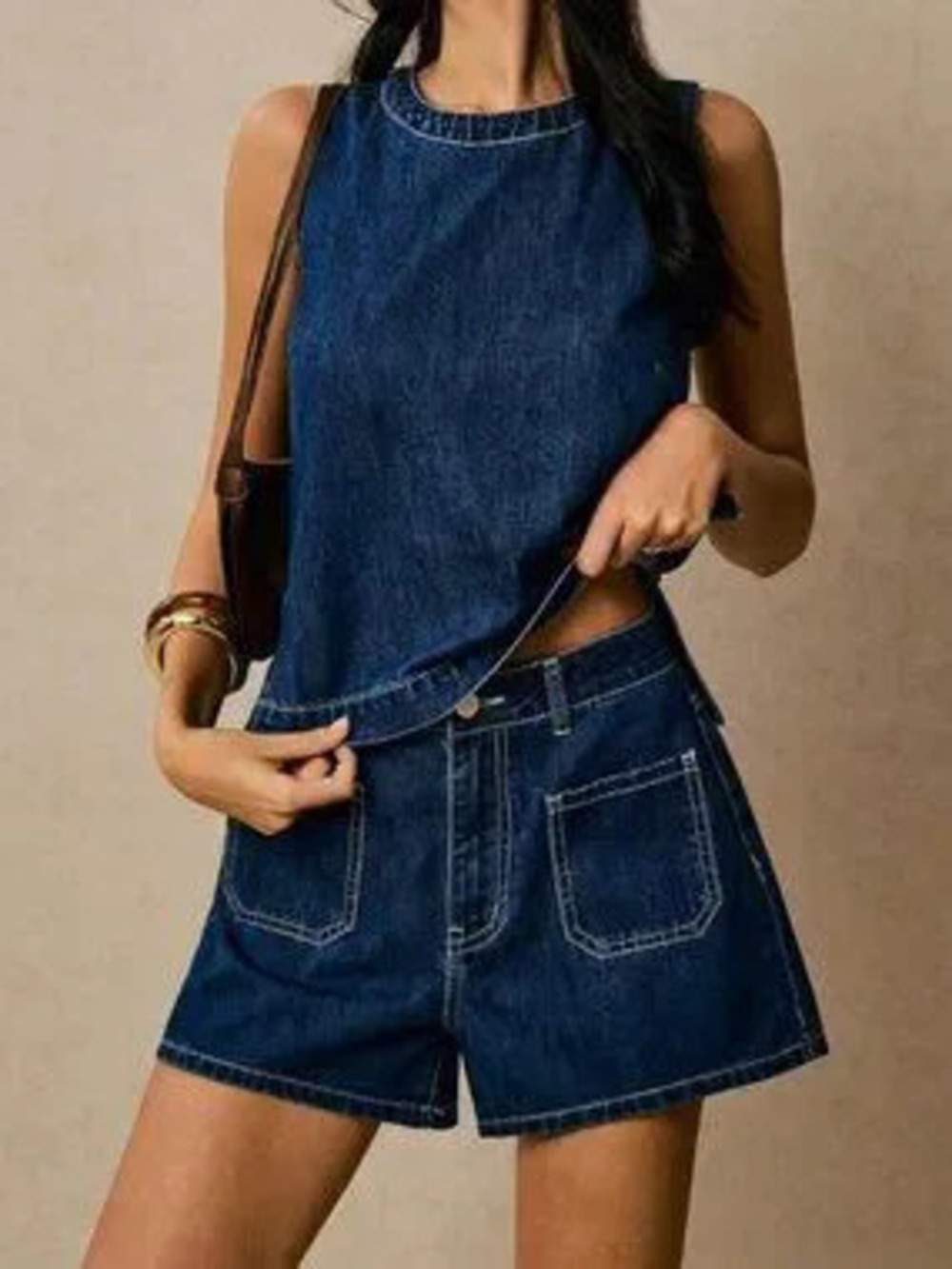 Blue Casual Women's Dark Wash Denim Shorts And Top Two Piece Set